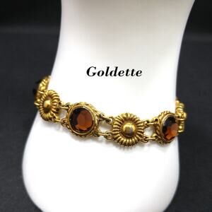Goldette Light Topaz Rhinestone Link Bracelet, Lucite Rhinestones, 1960s Vintage